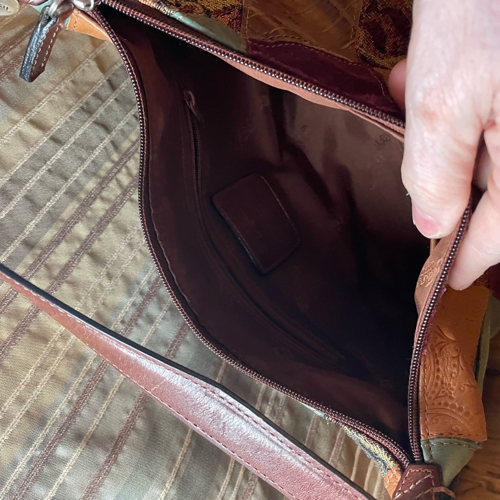 Fossil’s Leather, Suede, Tapestry Patchwork Satch… - image 5